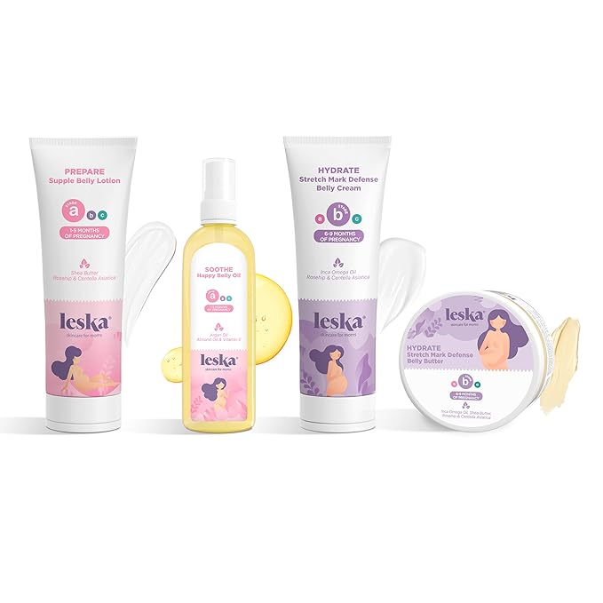Leska Pregnancy Stages A & B Set | Belly Lotion, Belly Oil, Stretch Mark Defense Cream & Belly Butter | Pregnant Mom Months 1-9 | Part of Complete 3-Part Pregnancy Skincare System (Set of 4, 4-4.93oz)-VivaGrace Women