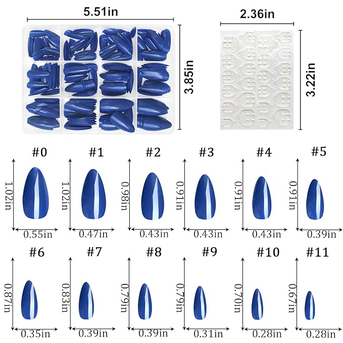 LoveOurHome 240pc Almond Press on Nails Medium Length Blue Fake Nail Tips Full Cover Artificial Fingernail French Short Stiletto Glue Nail Press ons with Adhesive Tabs for Women Girls