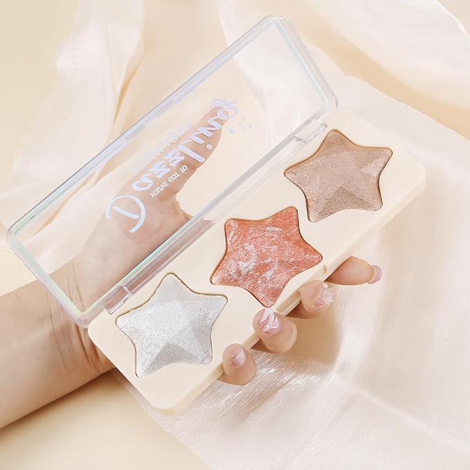 Boobeen 3 Colors Baked Shimmer Highlight & Blush Palette, Powder Palette Facial Bronzers Illuminator Makeup Palette, Lightweight Highlighter Blusher Contour for Cheeks, Lasting Natural Glowing-VivaGrace Women