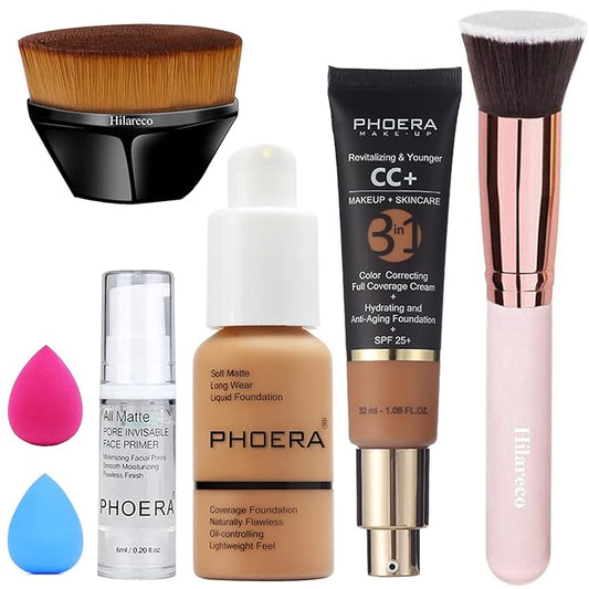 PHOERA Foundation,PHOERA CC+ Cream Color Correcting Anti Aging Hydrating Serum &SPF 25+,PHOERA Primer, PHOERA Makeup, Kabuki Makeup Brushes Foundation Brush (106 Warm Sun+180 Tan CC Cream)-VivaGrace Women