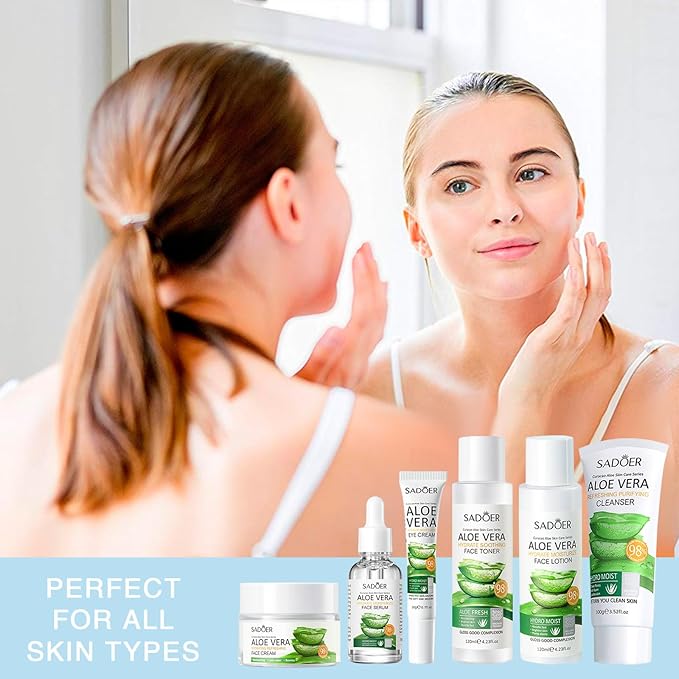 Aloe Vera Daily Skin Care Set Daily Moisturizing & Nourishing Fresh Aloe Essence Skin Care Set Vitamin Essence Six-piece Set For Valentine's Day And Festival Day-VivaGrace Women