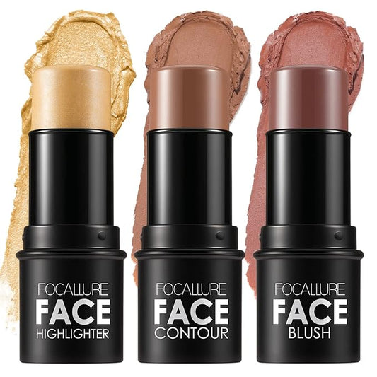 FOCALLURE 3 Pcs Cream Contour Sticks,Shades with Highlighter & Bronzer & Blush,Non-greasy Long-wear Face Contouring Pen,Easy to Sculpt the Face and Create a Lightweight Finishing Makeup,MEDIUM-WARM-VivaGrace Women