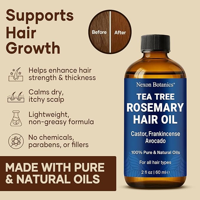 Tea Tree Rosemary Oil for Hair Growth 2 fl oz - Scalp Treatment with Castor, Frankincense & Avocado Oils - For Dry, Damaged Hair - Nexon Botanics-VivaGrace Women