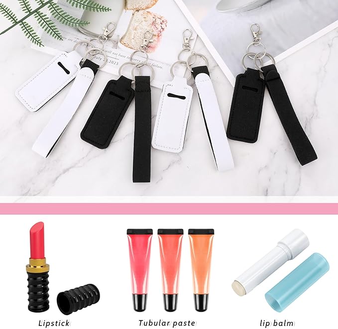 4 Pcs Keychain Chapstick Holder, Lipgloss Holder Keychain, Chapstick Holder Key Chain with Wristlet Lanyards, Lipstick Keychain Holder Lip Balm Sleeve for Women Girls-VivaGrace Women