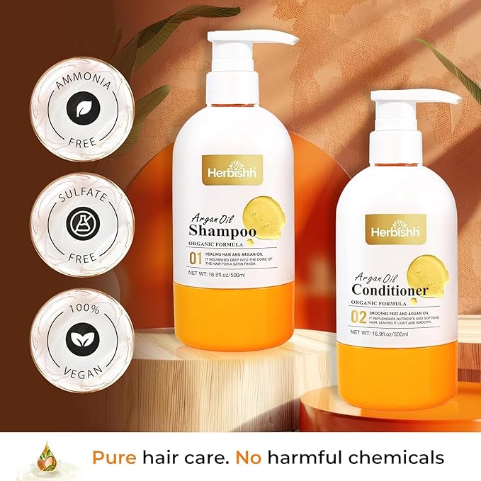 Herbishh Argan Hair Mask (150ml) + Argan Oil Shampoo & Conditioner (16.9 fl.oz Each) Hair Care Set – Deep Cleansing & Hydration, Ideal for Repairing Dry, Frizzy & Colored Hair – Sulfate & Paraben Free-VivaGrace Women