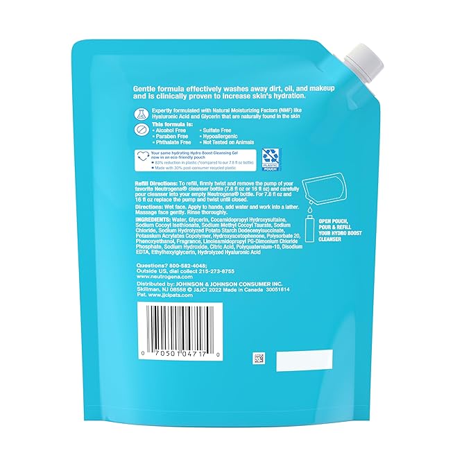 Neutrogena Hydro Boost Lightweight Hydrating Facial Cleansing Gel, Gentle Face Wash & Makeup Remover with Hyaluronic Acid, Hypoallergenic & Non Comedogenic, Refill Pouch, 16 fl. oz