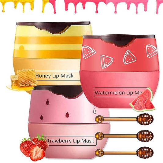 3 PCS Bee Lip Balm Lip Mask Honey Pot,Honey & Strawberry & Watermelon Lip Sleeping Mask,Moisturizing Lip Mask Overnight Prevention Dry and Cracked Lip Scrubs Exfoliator Lip Care-VivaGrace Women