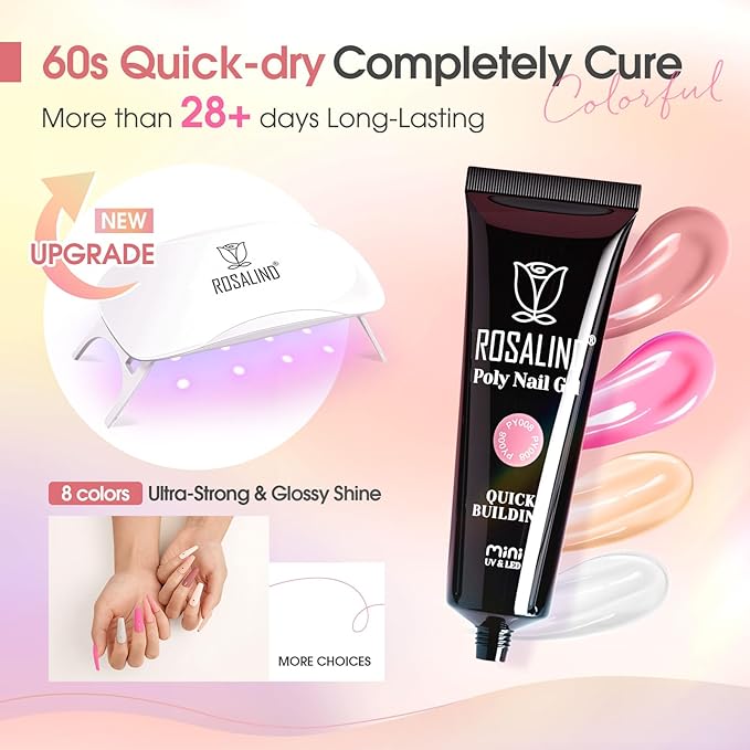 ROSALIND 8PCS Poly Nail Gel Kit with Mini Nail Lamp Clear Nude Purple Brown Poly Extension Gel Kit Mini Starter Kit-VivaGrace Women