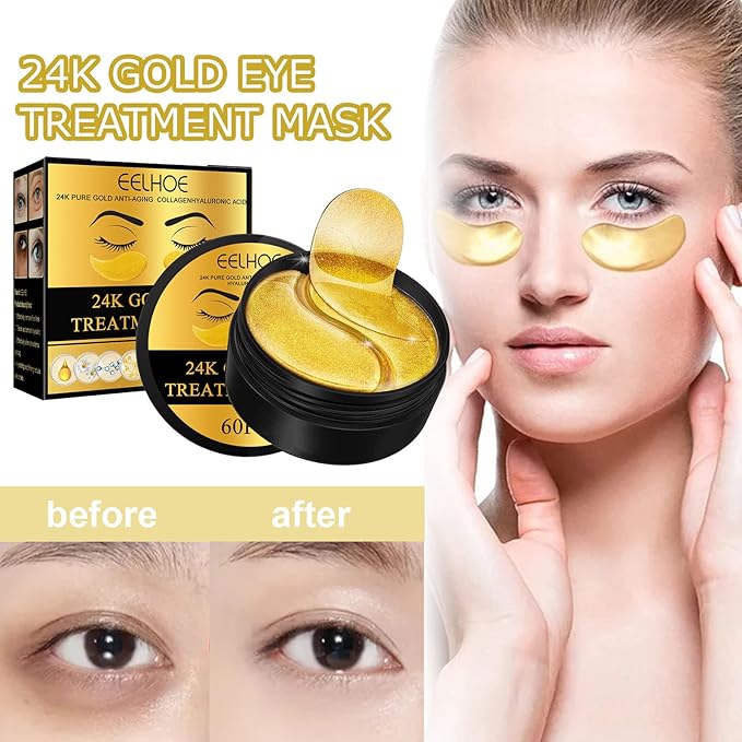 24k Gold Under Eye Patches, 60 Pcs Eye Gels, Anti-Aging Collagen Hyaluronic Acid Under Eye Mask, Under Eye Mask for Dark Circles and Puffiness, Eye Bags, Wrinkles-VivaGrace Women
