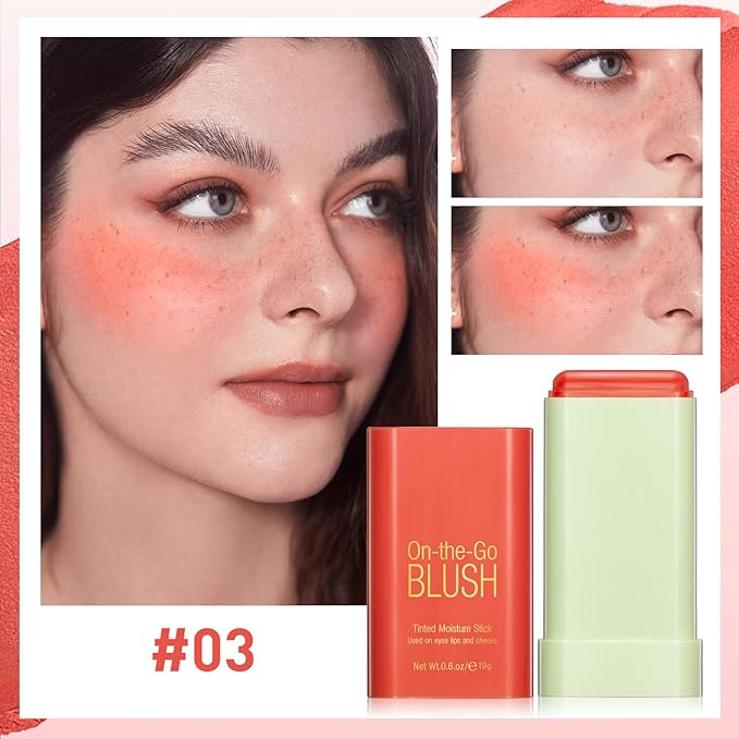 Blush Stick for Cheeks - Cream Makeup Blush Wand, Solid Moisturizer Stick for Cheeks Tint, Natural Blendable Waterproof Korean Matte Long-Lasting Smooth Blushes (#03 Coral Orange)-VivaGrace Women