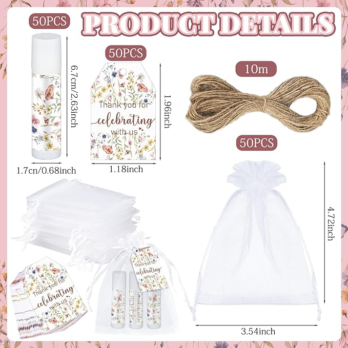 Dunzy 50 Pack Wildflower Party Baby Shower Favors Bulk Lip Balms Gifts Wedding Bridal Shower Favors Small Thank You Appreciation Gifts for Guests Women Employees Teachers Coworker Staff-VivaGrace Women