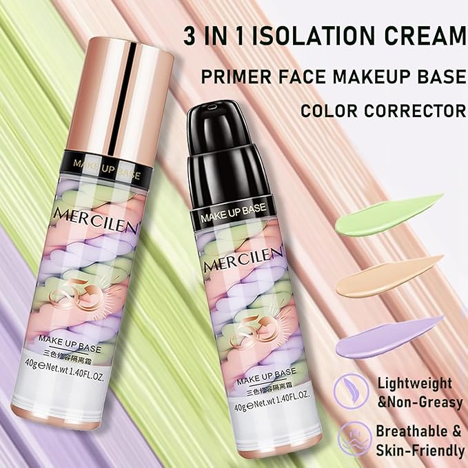 Primer Face Makeup Base, 3 In 1 Isolation Cream Color Corrector, Makeup Primer Skin Tone Correcting and Brightening Primer, Oil Control Moisturizing Face Primer to Hide Wrinkles and Fine Lines-VivaGrace Women
