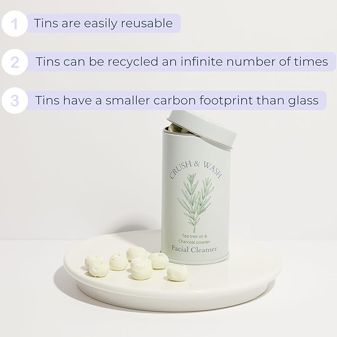 3-in-1 Solid Facial Cleanser, Exfoliator, and Wash-off Mask - Vegan, Cruelty-Free, Plastic-Free, Travel-Friendly, 1 Month Supply (60 Crushable Tablets) in Tin (Purifying Beans in Tin)-VivaGrace Women