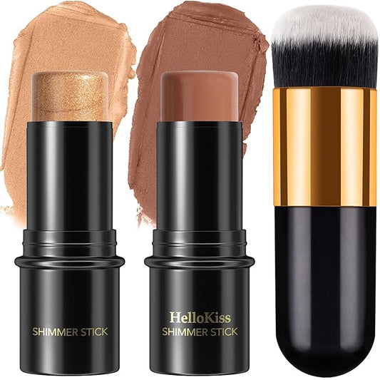 2Pcs Cream Contour Stick Makeup Kit, Cream Highlighter Stick and Bronzer Contour Stick with Longwear Waterproof Formula for Brightening and Trimming the Cheeks, Makeup Brush Include (#05, 06)-VivaGrace Women