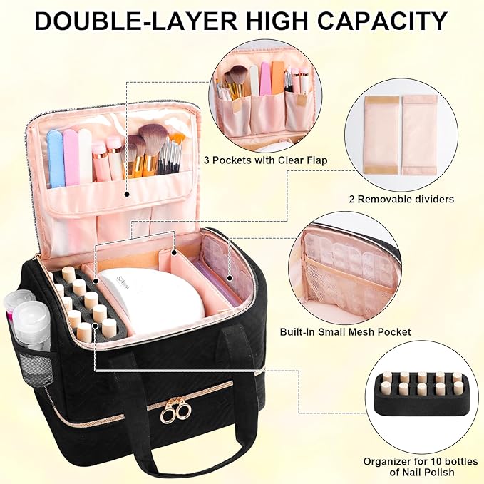 Nail Polish Organizer Bag Holds 50 Bottles (15ml/0.5fl.oz)& Nail Lamp, Soft Velvet Nail Kit Storage Carrying Case with Shoulder Strap, Double Layer Nail Supplies Organizer Handbag Women Black
