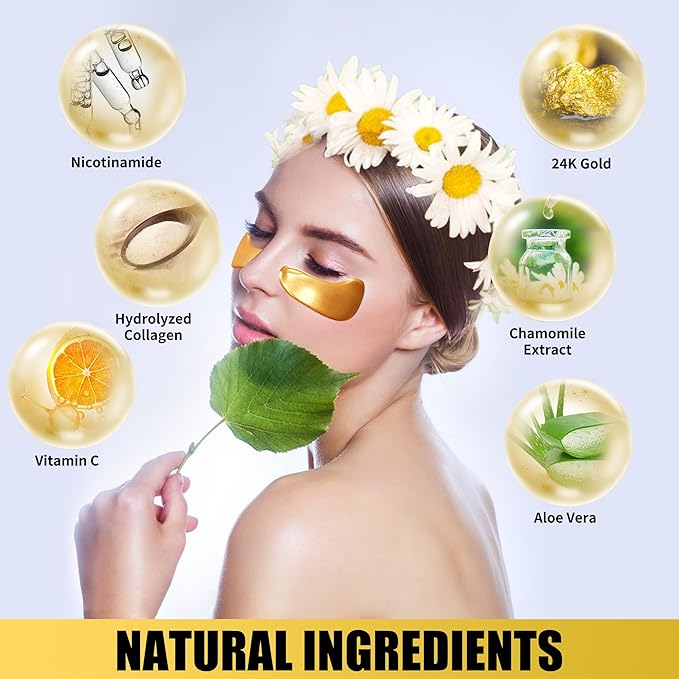 Eye Mask Under Eye Patches (20 Pairs) 24K Golden Under Eye Masks Hyaluronic Acid Eye Patches for Dark Circles and Puffiness, Reduce Wrinkles and Fine Lines Under Eye Area - Gold-VivaGrace Women