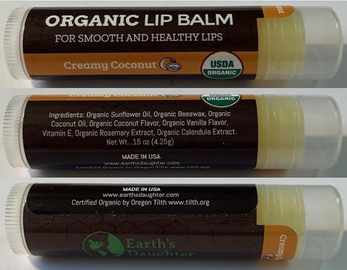 USDA Organic Lip Balm 4-Pack by Earth's Daughter - Creamy Coconut Flavor, Beeswax, Coconut Oil, Vitamin E - Best Lip Repair Chapstick for Dry Cracked Lips-VivaGrace Women