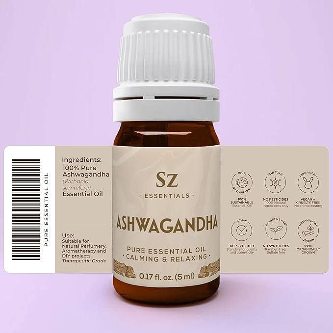 Ashwagandha Essential Oil, 100% Pure and Natural - Undiluted, Steam Distilled from Withania Somnifera - Woody & Earthy Scent with Nutty Overtones - Therapeutic Grade & Vegan - 0.17oz-VivaGrace Women