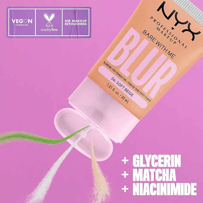 NYX PROFESSIONAL MAKEUP Bare With Me Blur Skin Tint Foundation Make Up with Matcha, Glycerin & Niacinamide - Soft Beige-VivaGrace Women
