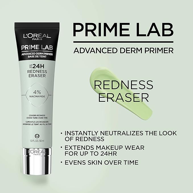 L'Oreal Paris Prime Lab Up to 24H Redness Eraser Face Primer Infused with Niacinamide to Reduce Face Redness and Extend Makeup Wear, 1.01 Fl Oz-VivaGrace Women