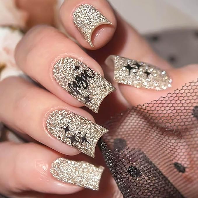 Medium Press on Nails Square Fake Nails Gold Glitter False Nails with Designs Medium Square Glue on Nails Sparkly Artificial Nails Cute Stick on Nails for Women 24Pcs