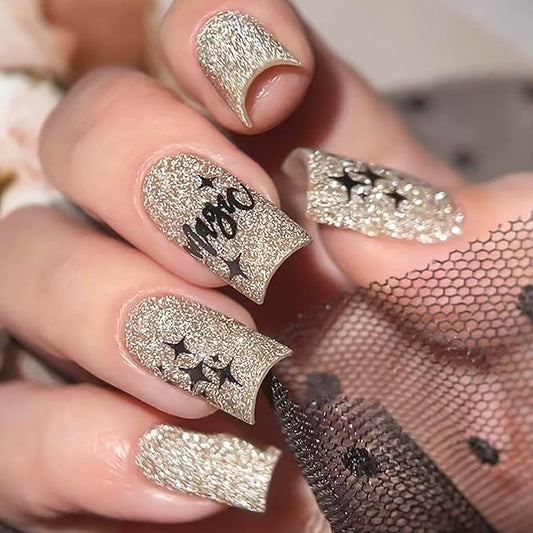Medium Press on Nails Square Fake Nails Gold Glitter False Nails with Designs Medium Square Glue on Nails Sparkly Artificial Nails Cute Stick on Nails for Women 24Pcs