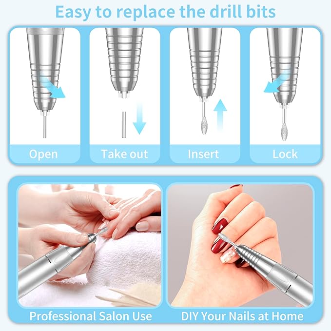 Portable Nail Drill Professional, 35000 RPM Rechargeable Electric Nail File Machine E File for Acrylic Nails Gel Polishing Removing, Cordless E-file with Bits Kit for Manicure Salon Home,Blue-VivaGrace Women