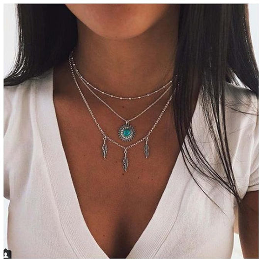 Boho Layered Feather Choker Necklace Turquoise Pendant Necklace Chain Vintage Crystal Paved Sun Necklace Silver Sunflower Necklace Jewelry for Women and Girls-VivaGrace Women