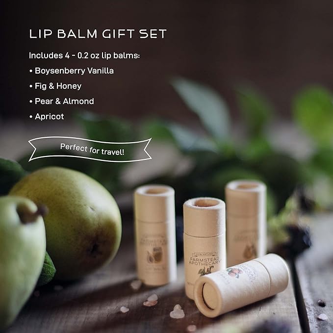 Farmstead Apothecary Lip Balm Gift Set with Pouch - Reusable Pouch Includes 4 -.2 oz Lip Balms - Boysenberry Vanilla, Fig & Honey, Pear & Almond , Apricot ,1 each. 100 % Natural, 99% Organic-VivaGrace Women