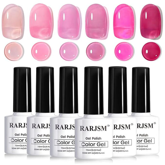 RARJSM Nude Pink Jelly Gel Nail Polish Set 6pcs Clear Crytal Stained Glass Purple Pink Series Transparent Sheer Amber Milky Gel Varnish LED UV Curing Requires Soak off French Manicure Home Salon-VivaGrace Women