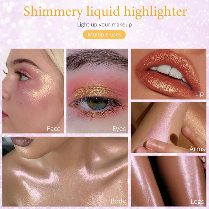 evpct Light Liquid Face Highlighter Makeup Waterproof Long Lasting Mermaid Pink Rose Gold Glimmer Glow Sparkly Glitter Body Shimmer Oil Liquid Luminizer Stick Highlight Illuminator for Face Body Cheek-VivaGrace Women
