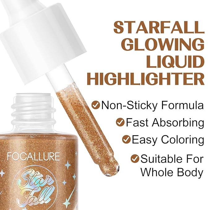 FOCALLURE Starfall Glowing Liquid Highlighter, Shimmering Body Oil, Non-Sticky Shimmer Liquid Luminizer, Non-Greasy, Face & Body Glitter Makeup for Costumes, Cosplay, Rave Festival, BRONZE CRAZE-VivaGrace Women