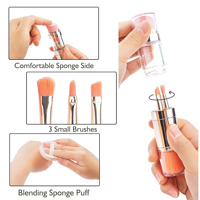 kullder 5-in-1 Makeup Brush Travel Makeup Brush set Dual Ended Mini Makeup Brush Pen Foundation Powder Concealer Shadow Blush Makeup Brushes with 2 Sponge Puff Womens Gift Idea for Beauty Lover-VivaGrace Women