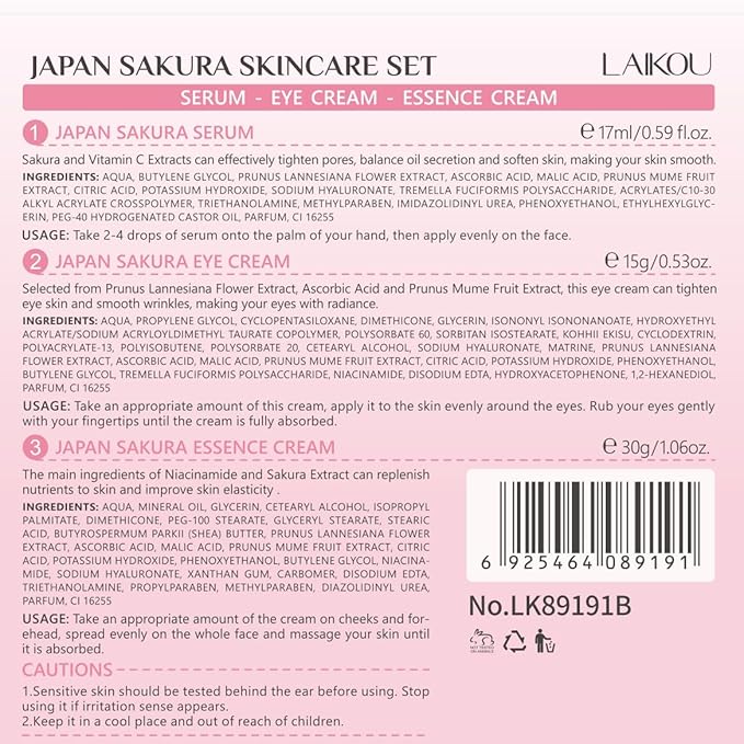 Skin Care Set JAPAN SAKURA Women Beauty Gift Sets Skin Care Kit with Serum, Eye Cream, Face Cream Travel Kit for Women Wife Mom Teen Girls TSA-friendly Sizes Birthday Gift 3pcs-VivaGrace Women