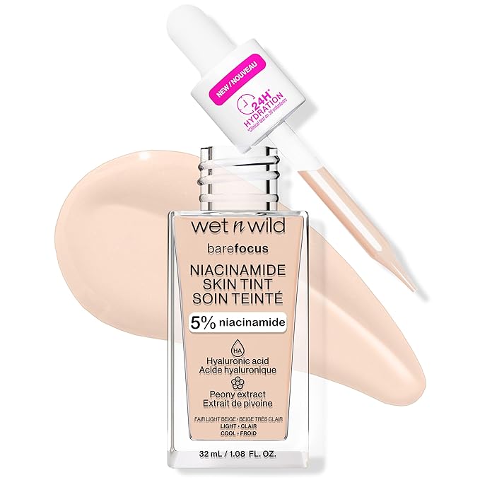wet n wild Bare Focus Skin Tint, 5% Niacinamide Enriched,Buildable Sheer Lightweight Coverage,Natural Radiant Finish,Hyaluronic & Vitamin Hydration Boost,Cruelty-Free & Vegan-Fair Light Beige-VivaGrace Women