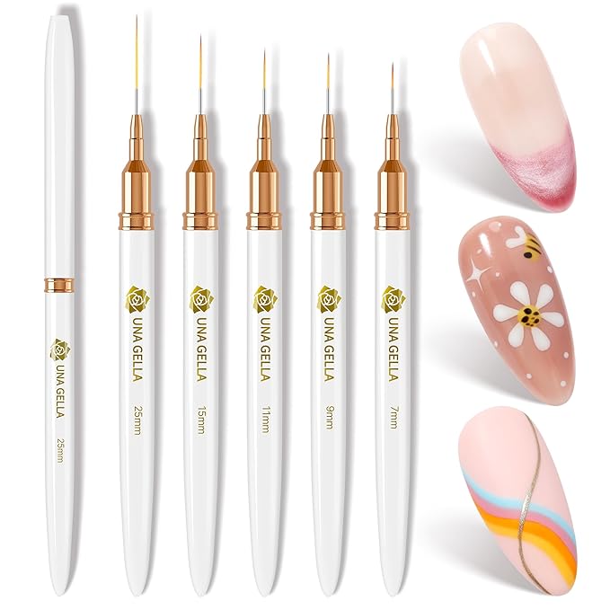 UNA GELLA Nail Art Brushes Metallic, Liner Pens Set For Nail Art Gel Polish, 5Pcs White Color, Detail Nail Art Design Painting Brush Set For Nails Gel Fine Drawing Nail Tools, Sizes 7/9/11/15/25mm-VivaGrace Women