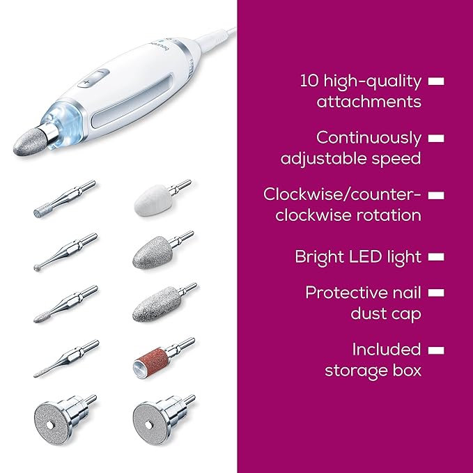 Beurer MP62 Professional Nail Drill Kit, Portable Electric File Machine with 10 Attachments & 10 Sanding Bands, Efile Dremel for Acrylic Gel Manicure and Pedicure, LED Light, with Storage Case-VivaGrace Women