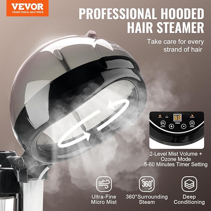 VEVOR Professional Hair Steamer for Deep Conditioning, 11.81-inch Hooded Ionic Hair Steamer with 2 Modes, Height-Adjustable Standing Hair Steamer with Timer, 5 Wheels (2 Lockable) for Salon Home Spa-VivaGrace Women