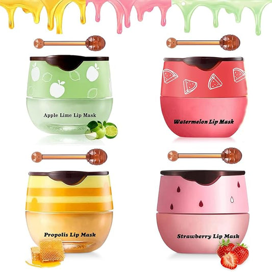 4PCS Bee Lip Balm Honey Pot,Honey Apple Lime Watermelon Lip Mask Overnight Propolis Moisturizing Lip Balm,Nourishing Sleeping Lip Mask Hydrating Prevention Dry & Cracked (4PCS)-VivaGrace Women