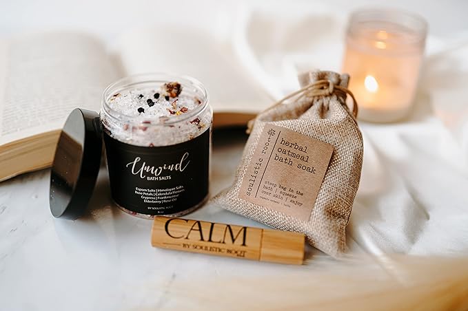 Relaxing Bath Gift Set, Luxury Spa Gifts for Women, Self Care Products for Women and Men, Calm Essential Oil Roller, Oatmeal Lavender Bath Soak & Epsom Salts with Essential Oils-VivaGrace Women