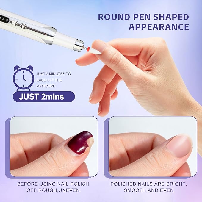 Electric Nail Drill File Cordless,Portable Rechargeable Nail File Kit for Acrylic & Gel Nails,Professional Efile for Manicure Pedicure Polishing,with 12 Nail Drill Bits 31 Sanding Bands,White-VivaGrace Women