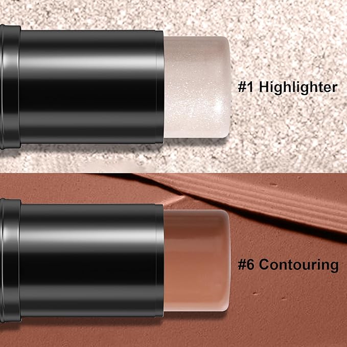2Pcs Cream Contour Stick Makeup Kit, Cream Highlighter Stick and Bronzer Contour Stick with Longwear Waterproof Formula for Brightening and Trimming the Cheeks, Makeup Brush Include (#01, 06)-VivaGrace Women