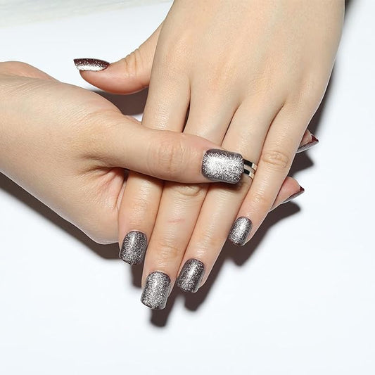 Glittering Silver Press on Nails Short Square, Silver Fake Nails Kit, Fashion Glossy Acrylic Short Press on Nails, Natural Stick on Nails, Thick Reusable Glue on Nails for Women, 24Pcs