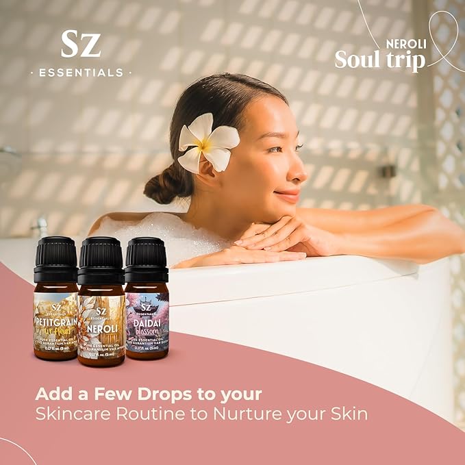 Neroli Soul Trip Essential Oils Collection- Neroli + Petitgrain Sur Fleurs + Dai Dai Blossom -Set of 3 Bottles (0.17 Fl Oz- 5ml each)- 100% Pure & Undiluted - Therapeutic Grade & Vegan-VivaGrace Women