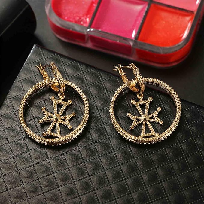 Punk Circle Cross Earrings Gold Circle Drop Dangle Earrings Brass Geometric Earrings Modern Chunky Drops Earrings Jewelry for Women and Girls Gifts-VivaGrace Women