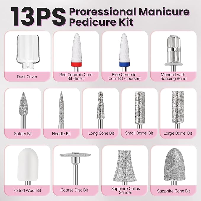 Electric Nail Drill, Cordless 2000 mAh Rechargeable Portable Nail File 12 in 1 Kit for Thick Toenails, 10 Speeds Nail Dril Machine Professional Manicure Pedicure for Hand Natural Nails Care (Pink)-VivaGrace Women