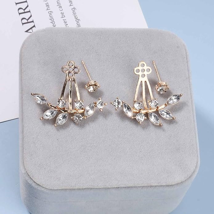 Boho Crystal Leaf Ear Jackets Earrings Gold Cz Crystal Earrings Rhinestone Front Back Studs Earrings Minimalist Earrings Jewelry for Women and Girls Gifts-VivaGrace Women