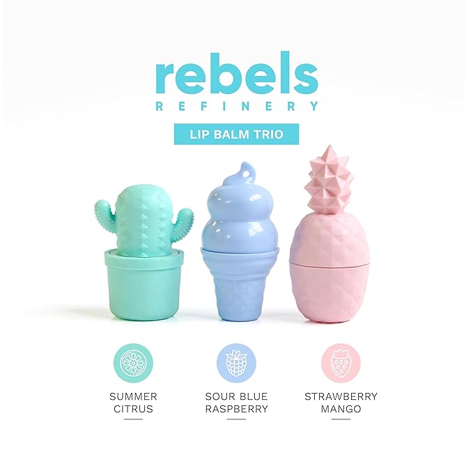Rebels Refinery Mixed Lip Balm Trio - 100% Natural & Organic All-Day Moisture Care - Summer Citrus, Sour Blue Raspberry, Strawberry Mango Flavors-VivaGrace Women