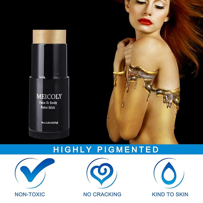 MEICOLY Gold Face Body Paint Stick(1.06 Oz),Cream Blendable Face Paint,Sweatproof Waterproof Body Paint Makeup for Halloween Special Effects SFX Cosplay,Metallic Gold-VivaGrace Women
