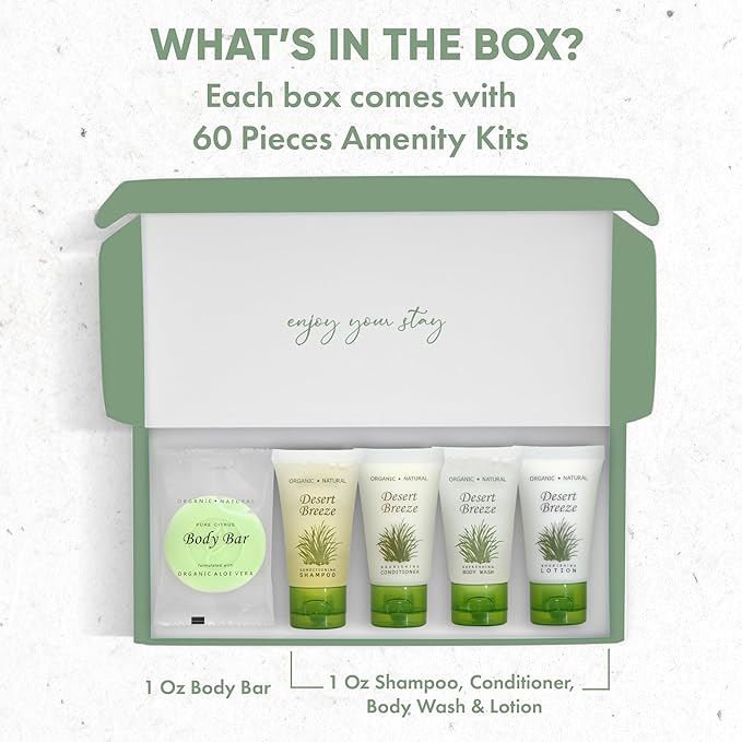 Dessert Breeze Amenity Kit | Boxed Hotel Toiletries | Bulk Set 1oz Travel Size Shampoo, Conditioner, Lotion, Body Wash & Body Bar Soap for Guest Hospitality AirBnB/Vacation Rentals | 60 sets per case-VivaGrace Women